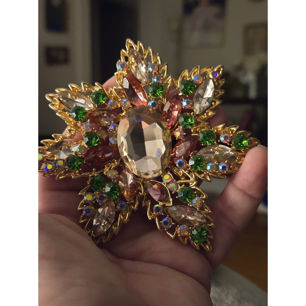 Rhinestone Glass Starburst Brooch Statement Colorful Stunning!
